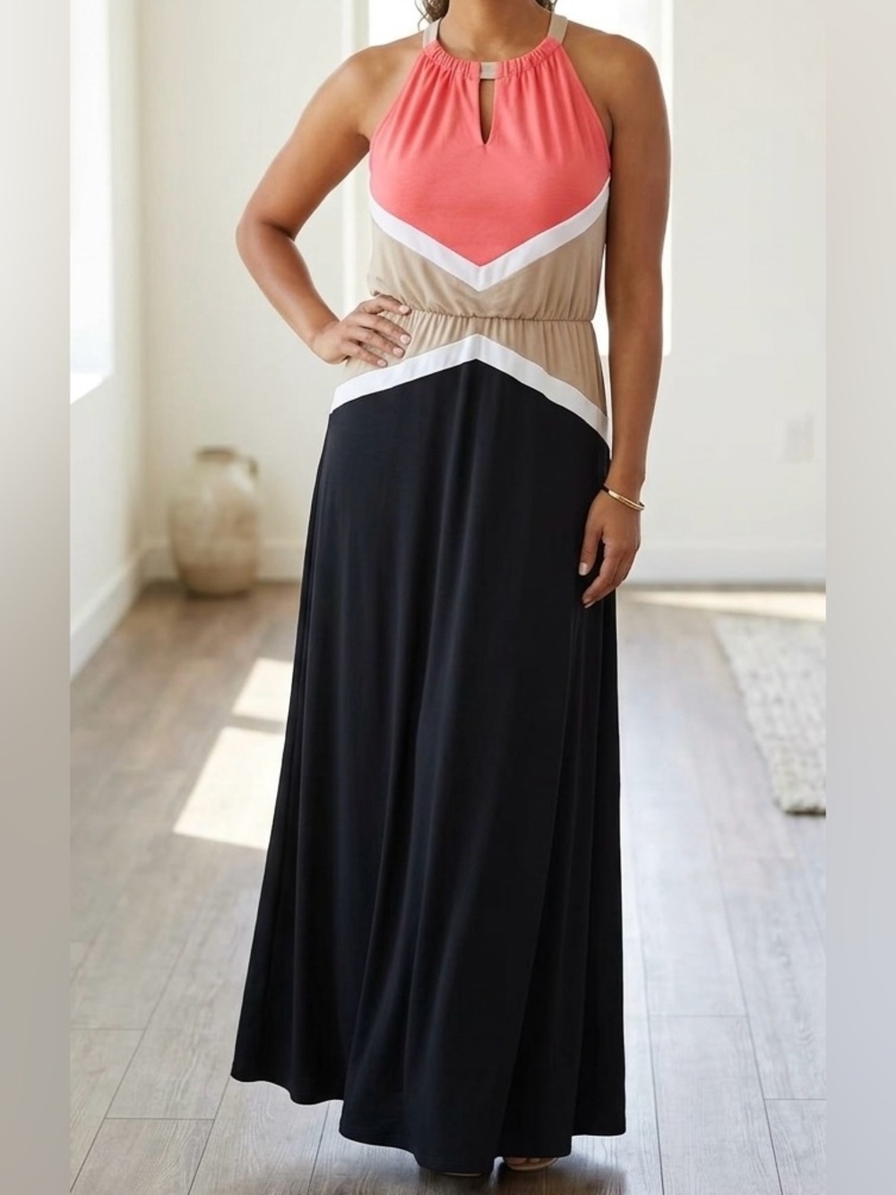 London Style Collection Colorblock Halter Maxi Dress XL
